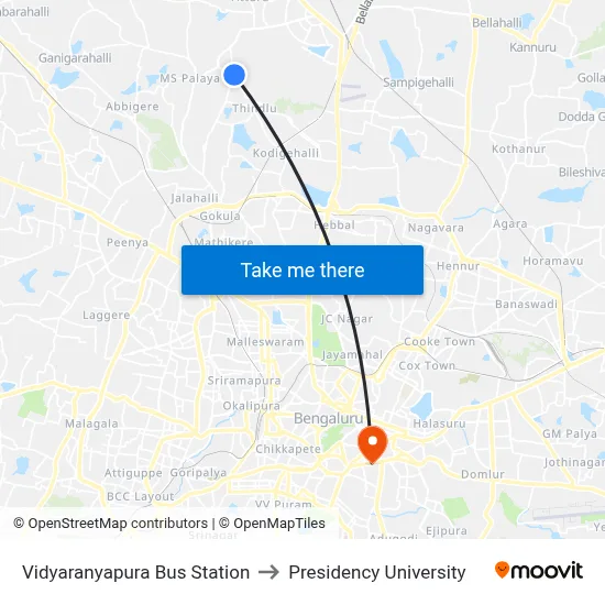 Vidyaranyapura Bus Station to Presidency University map
