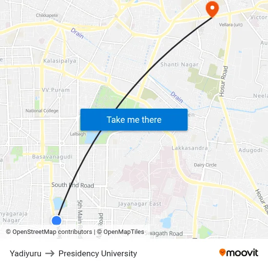 Yadiyuru to Presidency University map