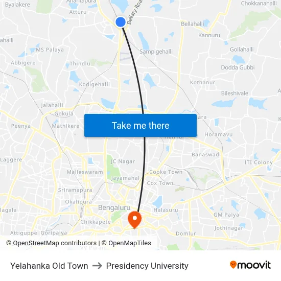 Yelahanka Old Town to Presidency University map