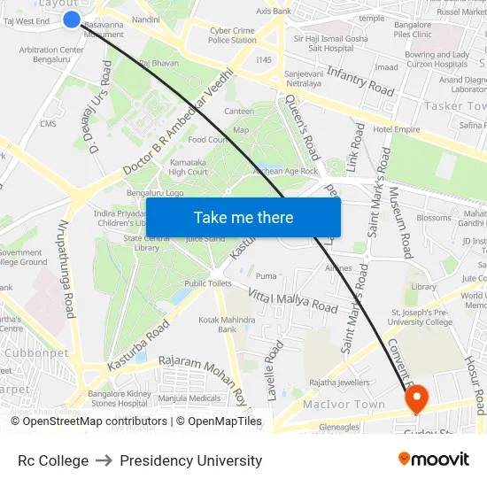 Rc College to Presidency University map