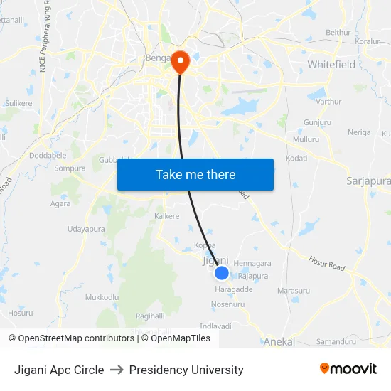 Jigani Apc Circle to Presidency University map