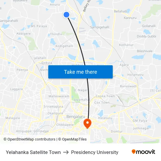 Yelahanka Satellite Town to Presidency University map