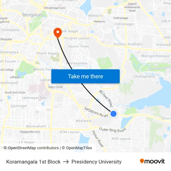 Koramangala 1st Block to Presidency University map
