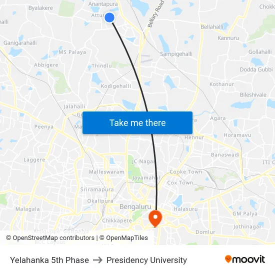 Yelahanka 5th Phase to Presidency University map