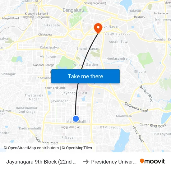 Jayanagara 9th Block (22nd Main) to Presidency University map
