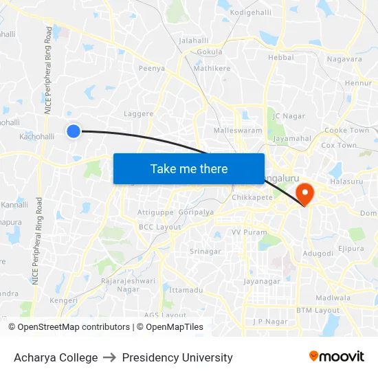 Acharya College to Presidency University map