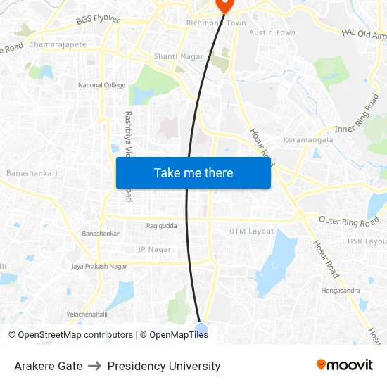 Arakere Gate to Presidency University map