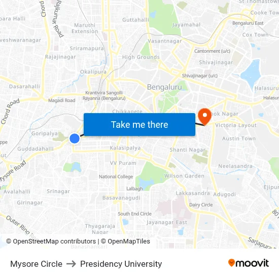 Mysore Circle to Presidency University map