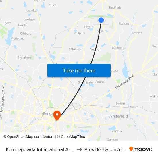 Kempegowda International Airport to Presidency University map