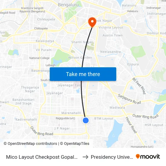 Mico Layout Checkpost Gopalan Mall to Presidency University map