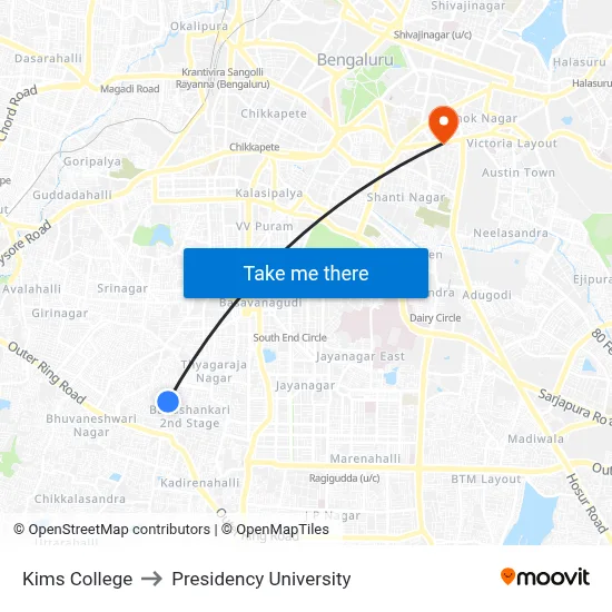 Kims College to Presidency University map