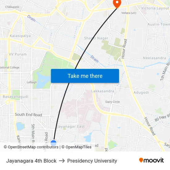 Jayanagara 4th Block to Presidency University map