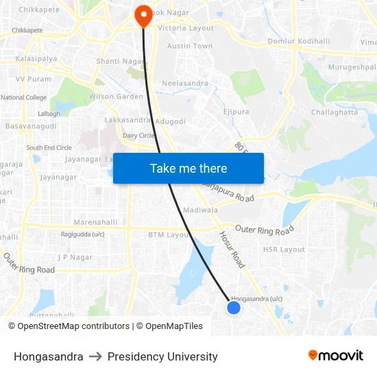 Hongasandra to Presidency University map
