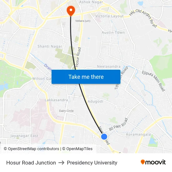 Hosur Road Junction to Presidency University map