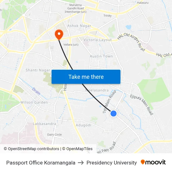 Passport Office Koramangala to Presidency University map