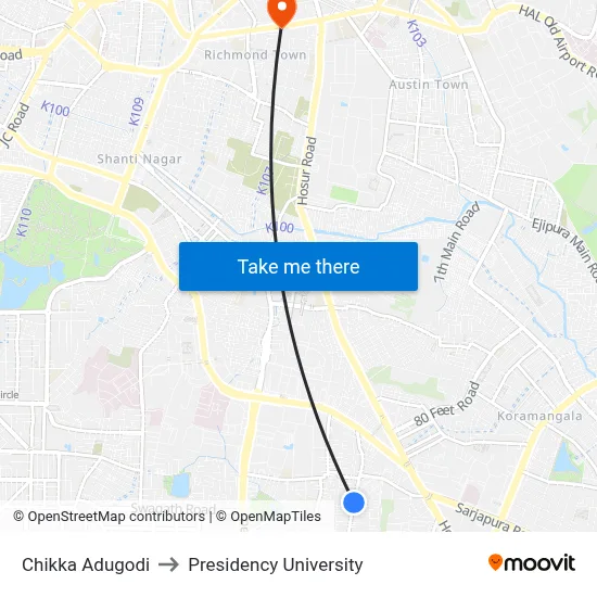 Chikka Adugodi to Presidency University map