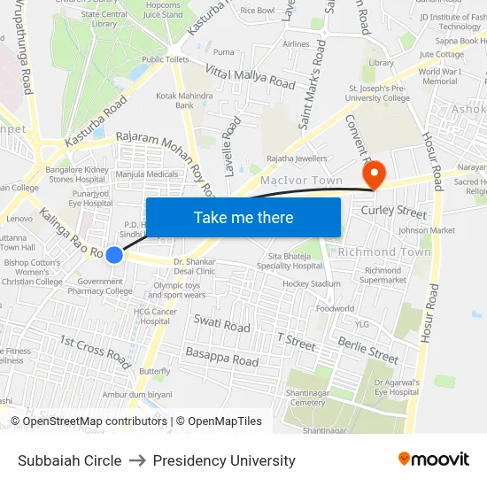Subbaiah Circle to Presidency University map