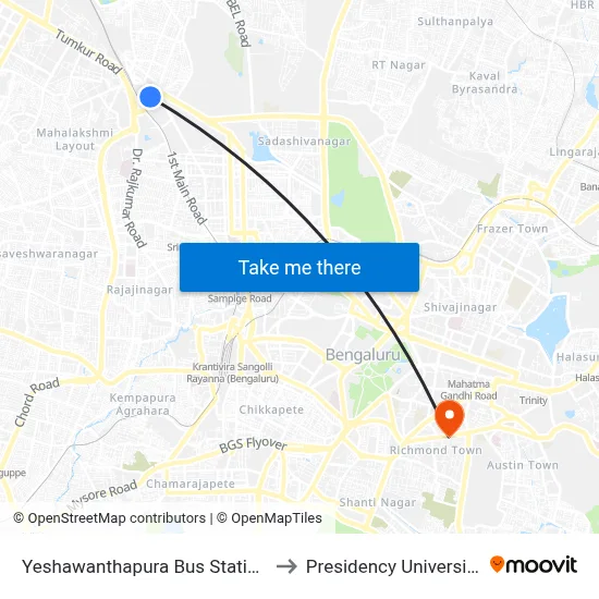 Yeshawanthapura Bus Station to Presidency University map