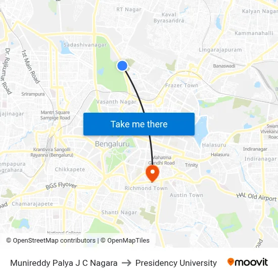 Munireddy Palya J C Nagara to Presidency University map