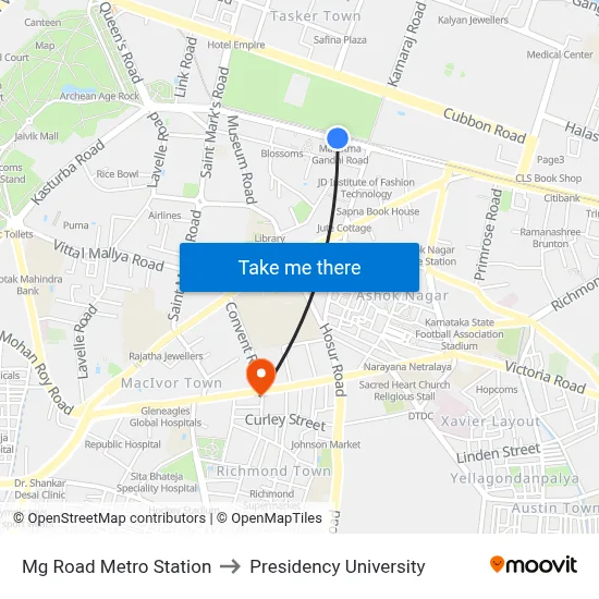 Mg Road Metro Station to Presidency University map