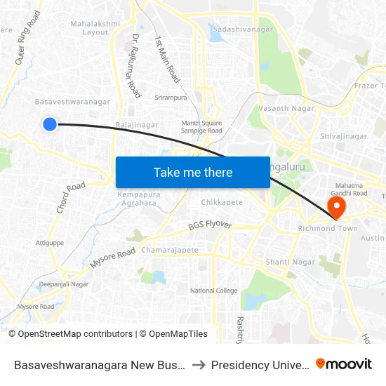 Basaveshwaranagara New Bus Stand to Presidency University map