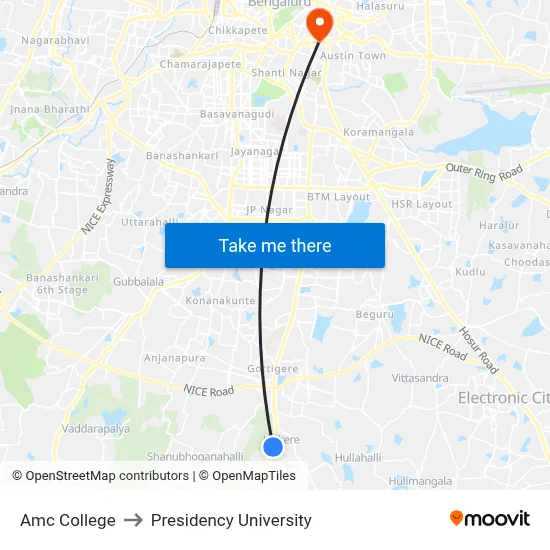 Amc College to Presidency University map