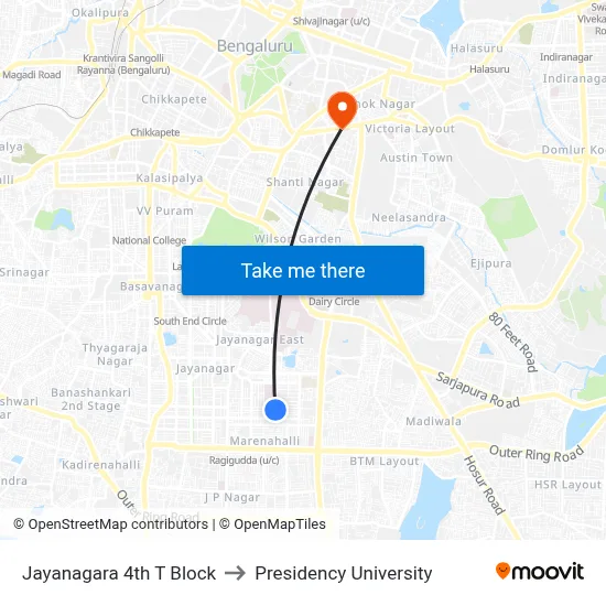 Jayanagara 4th T Block to Presidency University map