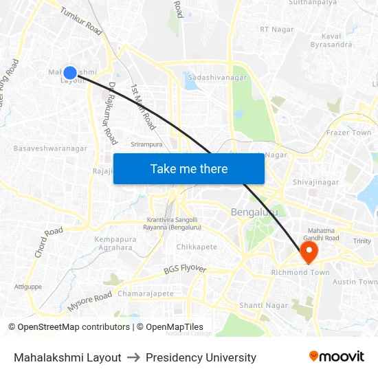 Mahalakshmi Layout to Presidency University map