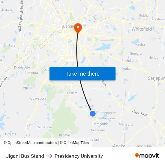 Jigani Bus Stand to Presidency University map