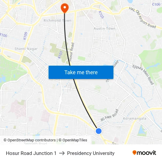 Hosur Road Junction 1 to Presidency University map