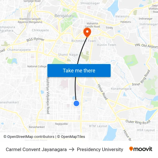 Carmel Convent Jayanagara to Presidency University map