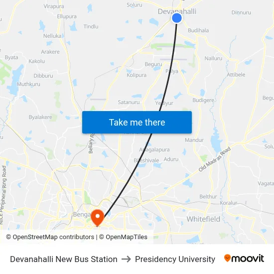 Devanahalli New Bus Station to Presidency University map