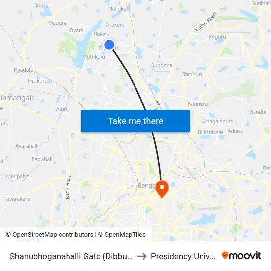 Shanubhoganahalli Gate (Dibbur Cross) to Presidency University map