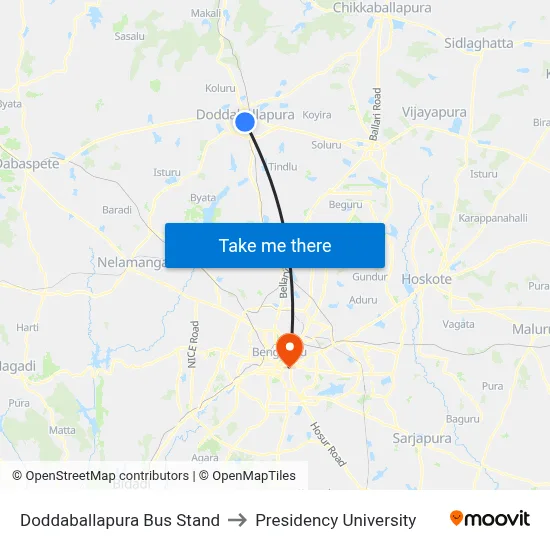 Doddaballapura Bus Stand to Presidency University map