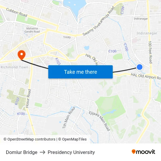 Domlur Bridge to Presidency University map