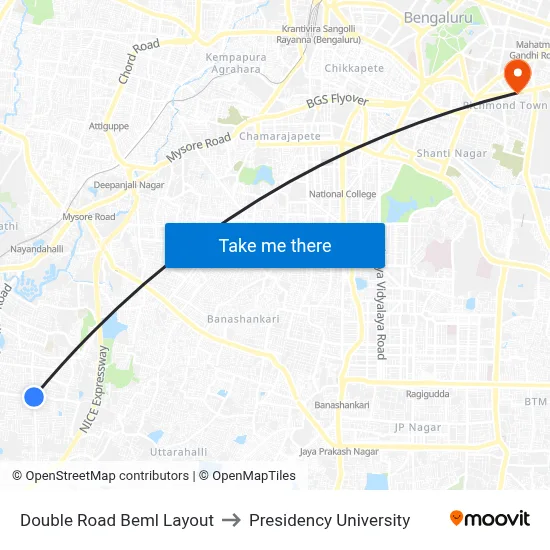 Double Road Beml Layout to Presidency University map