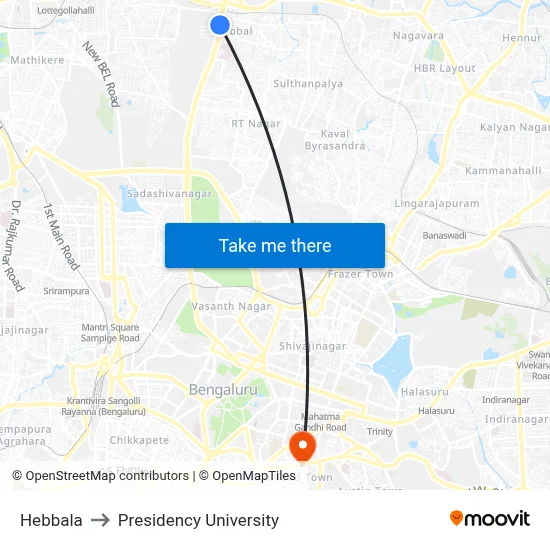 Hebbala to Presidency University map