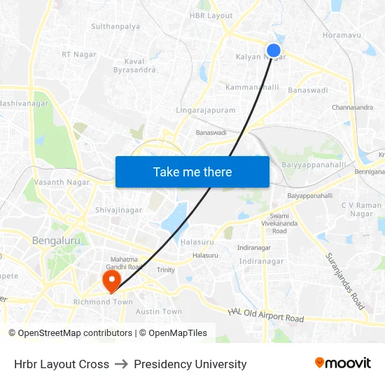 Hrbr Layout Cross to Presidency University map