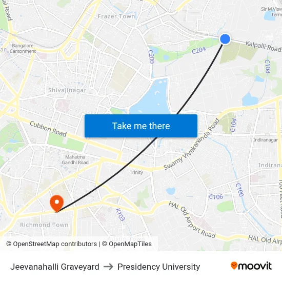Jeevanahalli Graveyard to Presidency University map