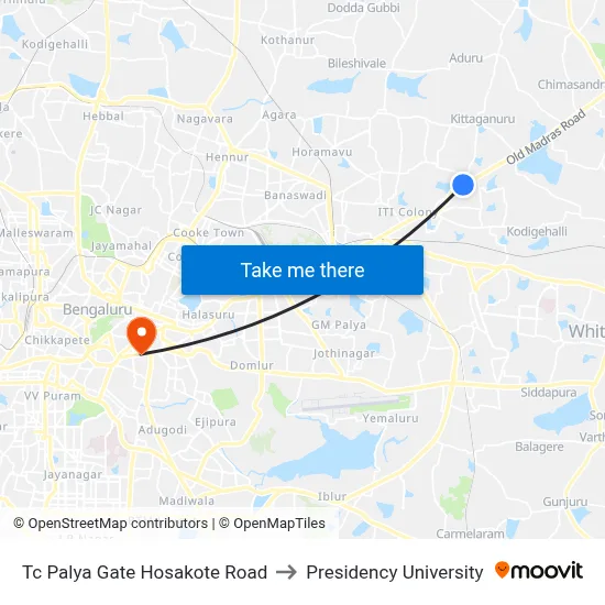 Tc Palya  Gate Hosakote Road to Presidency University map