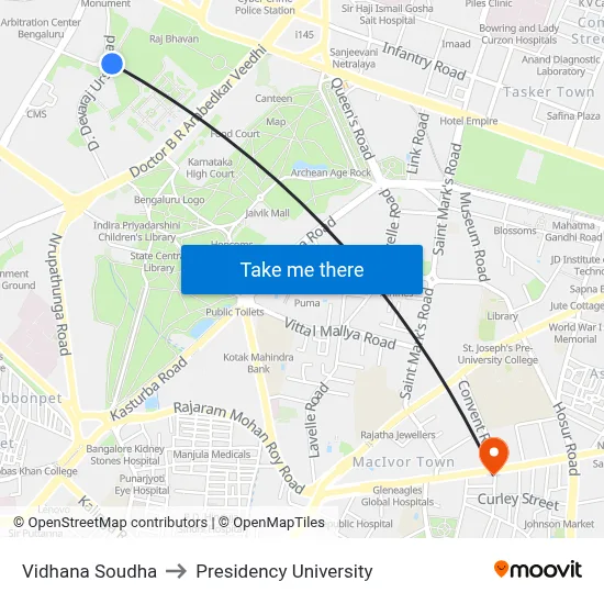 Vidhana Soudha to Presidency University map