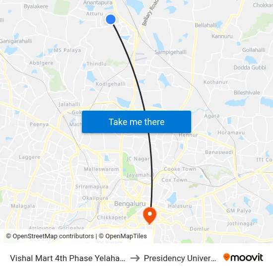 Vishal Mart 4th Phase Yelahanka to Presidency University map