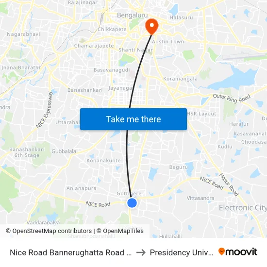 Nice Road Bannerughatta Road Junction to Presidency University map