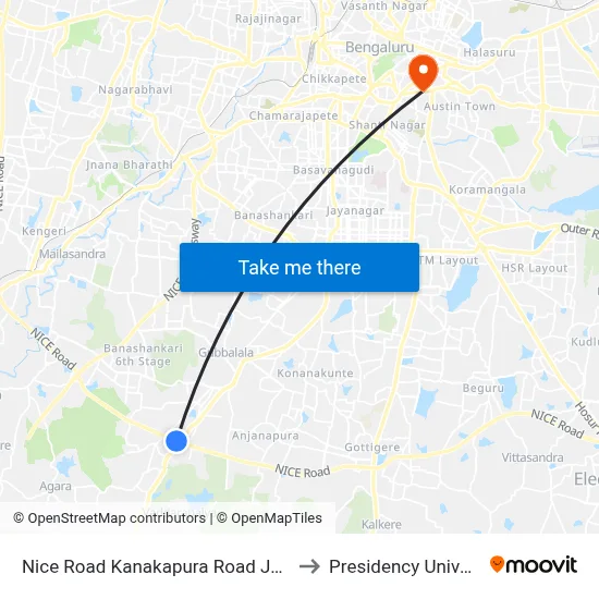 Nice Road Kanakapura Road Junction to Presidency University map
