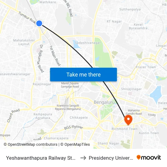 Yeshawanthapura Railway Station to Presidency University map
