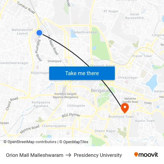 Orion Mall Malleshwaram to Presidency University map