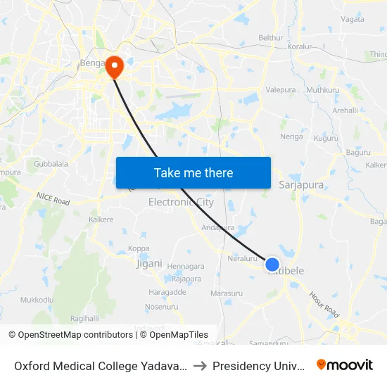 Oxford Medical College Yadavanahalli to Presidency University map