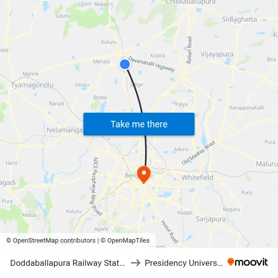 Doddaballapura Railway Station to Presidency University map