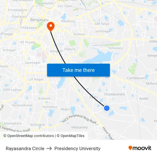 Rayasandra Circle to Presidency University map
