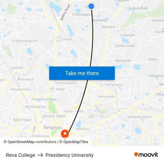 Reva College to Presidency University map